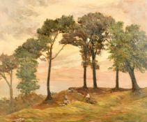 20th Century English School, figure in a landscape at disk, oil on canvas laid down, indistinctly