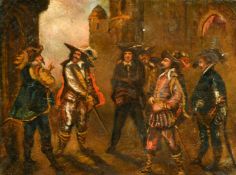 19th Century Continental School, A scene of cavaliers preparing for a duel, oil on canvas, 10.5