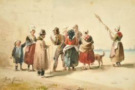 Gustave de Galard (1779-1841) French, figures conversing in a street, watercolour, signed, 4