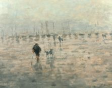 William Mason (1906-2002), Figures walking on a beach with moored boats beyond, oil on board, signed