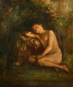 19th Century English School, a resting winged child with classical buildings beyond, oil on