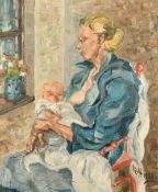 Early 20th Century school, mother and child resting alongside a vase of flowers, oil on canvas,