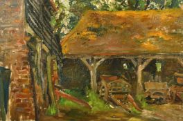 Early 20th Century School, An old farm barn with carts and old car, oil on canvas, 14