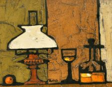 Ruffelt, 20th Century, a still life of mixed objects on a tabletop, oil on board, signed, 8