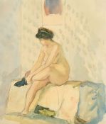 Aleksander V. Schevchenko (1883-1958) Russian, A nude lady seated putting on a stocking, watercolour