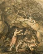 19th Century, a scene of figures huddled in a cave, watercolour, 23
