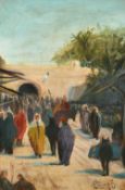 19th/20th Century, Figures on a busy North African street, indistinctly signed, oil on canvas, 16