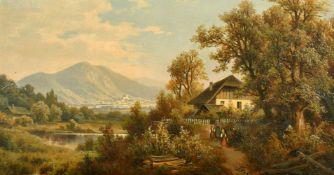 19th Century Austrian School, figures on a path with a view of the town of Laa an der Thaya in the