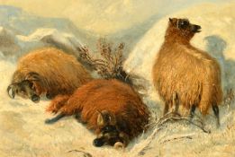 Circle of Thomas Sidney Cooper, sheep in a snowy mountain landscape, oil on canvas, 6.5
