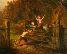 19th Century English School, a scene of children playing on a gate with a field and trees beyond,
