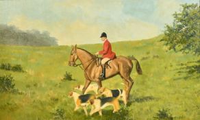 Michael Wood (20th Century) A huntsman mounted with four hounds at foot in a landscape, oil on