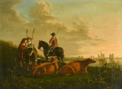 After Albert Cuyp, Figures and cattle by a river, oil on oak panel, 12.5