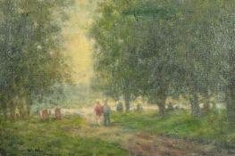 William Mason (1906-2002), figures walking in a park, oil on canvas, signed with initials, 12