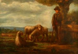 19th Century French School, A young shepherd tending his sheep with cows in the distance, oil on
