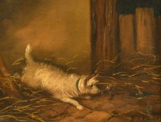 J. Langlois (19th Century), a pair of oil on board paintings of terriers at work, each 6