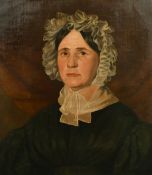 19th Century portrait of a lady wearing a black dress with a white mop cap, oil on canvas, 24