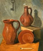 H. S. Eyre (19th Century), a still life of mixed kitchen objects, including a key oil on board,