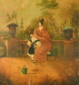 A 19th Century French Trumeau mirror with an inset panel of a mother and child in a formal garden,