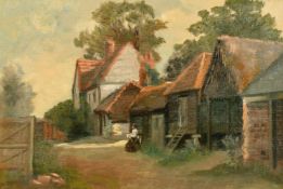 Mid 20th Century, A row of farm buildings with a seated figure holding a baby, oil on canvas, 12