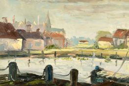 Early 20th Century Continental School, a view of a canal with building in the distance, oil on