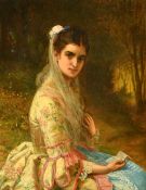 William Oliver (1823-1901) British, 'Dolly Varden', a portrait of an elegant lady holding a