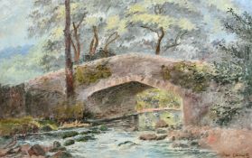W. Leslie (20th Century) A stone bridge over a rocky stream, oil on board, signed, 13