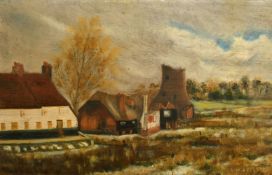 Modern British School, A row of buildings in a landscape, thought to be Langstone Harbour, oil on