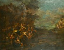 18th Century School, wayfarers resting by buildings with a lake view beyond, oil on canvas, 30