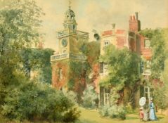F.S. Williams, circa 1892, female figures outside a country house, watercolour, signed, 9.5