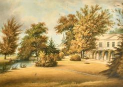 19th Century School, a view of an angler by a country house, possibly colonial, watercolour, 13