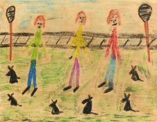 Manner of Lowry, colourful figures in an open space, crayon, bears signature, 8