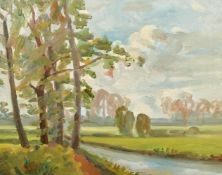 John Brown (20th Century) A landscape with trees by a river, oil on canvas, 14