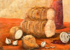 20th Century, A still life of bread, onions and garlic, oil on board, indistinctly signed and dated,