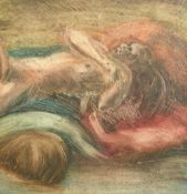 Manner of A. O. Spare, A reclining female figure, mixed media on board with sgraffito, 16