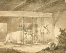 Jan Kobell (19th Century) Dutch, a barnyard scene, ink and watercolour, signed, 9.25