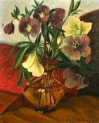 Folke Halleborg, A still life of purple and white Hellebores in a vase, oil on panel, signed and