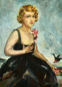 H. Gabrielle Levey (circa 1932) Portrait of a lady wearing a black dress with a spray of pink