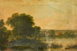 19th Century English School, a female figure walking by a river with cottages beyond, oil on canvas,