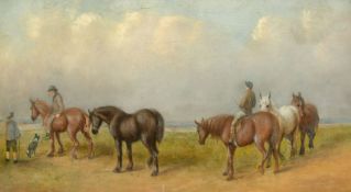 19th Century English School, figures moving horses in an open landscape, oil on board, 8