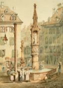 19th Century English School, the Fischmarktbrunnen in Basel, watercolour, 12.75