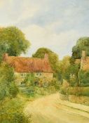 Attributed to Axel Haig, Country cottages on a lane, watercolour, signed with initials and dated,