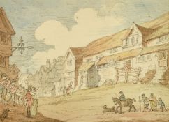 Mid-19th Century English School, 'Bathurst', figures on a town street, watercolour, signed with