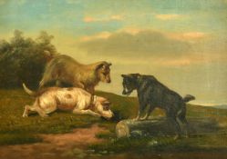 19th Century English School, three dogs in an open landscape, oil on canvas, 8