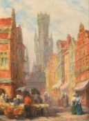 Tom Robertson (1850-1947) A continental Street market scene with figures, oil on canvas board,