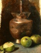 Attributed to Werner Weber, A still life of a copper jug and three green apples, oil on board,