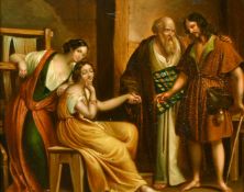 19th Century, a scene of young suitors being introduced, oil on metal, 6.5