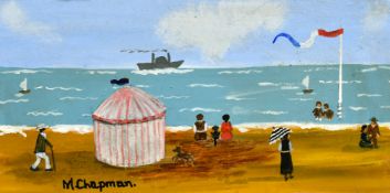 Margaret Chapman (1940-2000) British, Figures on a French beach with figures, children paddling