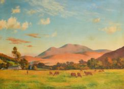 20th Century Australian School, Extensive landscape with cattle grazing and mountains beyond, oil on