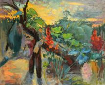 Phyllis Bray (1911-1991) British, A figure in a colourful garden setting, oil on canvas, initialled,