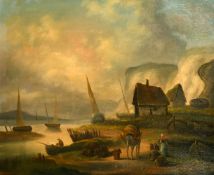 19th Century French School, figures gathered by fishing boats on a coastal inlet, oil on canvas, 24